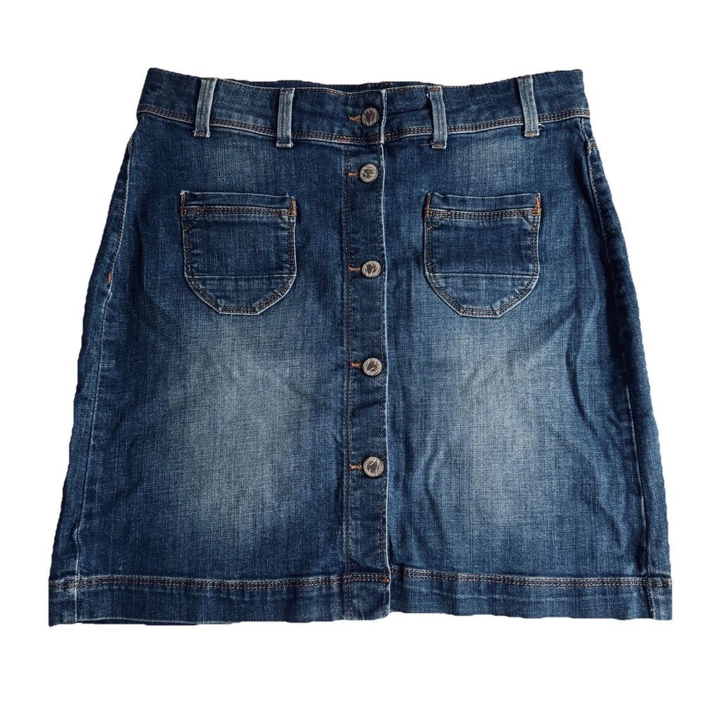 Marks & Spencer Denim Skirt UK 12 US 8 (30x18) Blue Button Front Stretch Womens